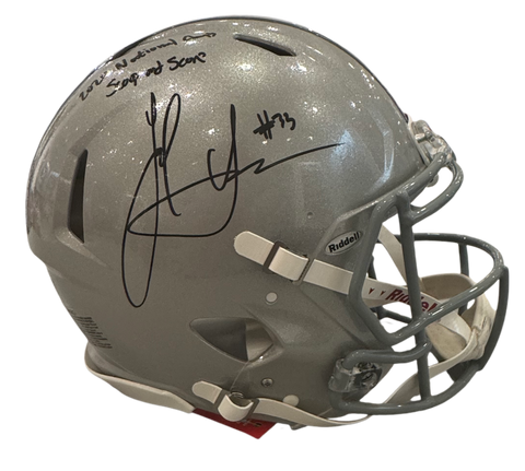 The Ohio State University Buckeyes Jack Sawyer Hand Signed Autographed Authentic Full-Size Silver Helmet with 2024 National Champs & Scoop and Score Inscriptions Includes SWAU COA