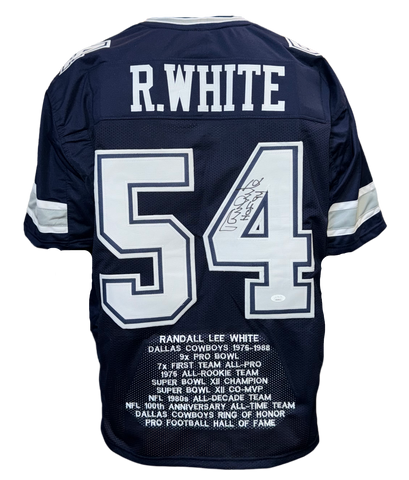 Dallas Cowboys Randy White Hand Signed Autographed Custom Navy Career Achievements Stat Jersey with HOF 94 Inscription Includes JSA COA