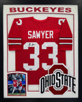 The Ohio State University Buckeyes Jack Sawyer Hand Signed Autographed Custom Red Jersey Framed with Suede Matting, XL 3D Logo, & Cutout Lettering Includes SWAU COA