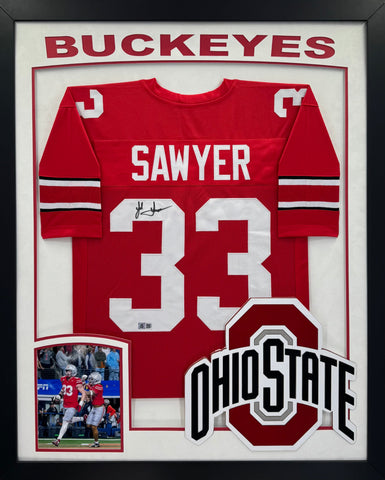 The Ohio State University Buckeyes Jack Sawyer Hand Signed Autographed Custom Red Jersey Framed with Suede Matting, XL 3D Logo, & Cutout Lettering Includes SWAU COA