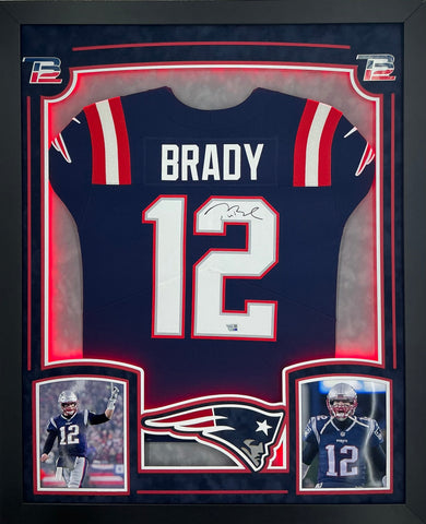 New England Patriots Tom Brady Hand Signed Autographed Authentic Nike Navy Jersey Framed with Suede Matting, 3D Logo, & LED Lighting Includes Fanatics Authentic COA
