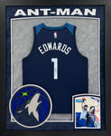 Minnesota Timberwolves Anthony "Ant-Man" Edwards Hand Signed Autographed Authentic Navy Jersey Framed with Suede Matting, XL 3D Logo, & Cutout Lettering Includes JSA COA