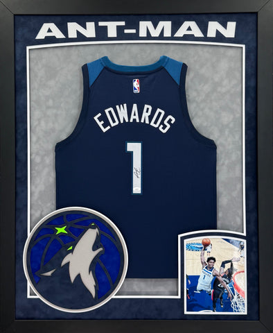 Minnesota Timberwolves Anthony "Ant-Man" Edwards Hand Signed Autographed Authentic Navy Jersey Framed with Suede Matting, XL 3D Logo, & Cutout Lettering Includes JSA COA
