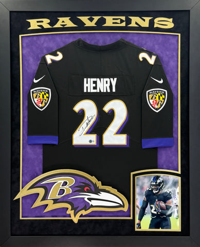 Baltimore Ravens Derrick Henry Hand Signed Autographed Authentic Black Jersey Framed with Suede Matting, XL 3D Logo, & Cutout Lettering Includes Beckett COA
