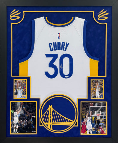 Golden State Warriors Stephen Curry Hand Signed Autographed Authentic White Jersey Framed with Suede Matting & XL 3D Logo Includes JSA COA