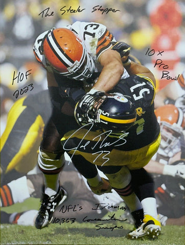 Cleveland Browns Joe Thomas Hand Signed Autographed 30x40 Canvas with HOF 2023, The Steeler Stopper, 10x Pro Bowl, NFL's Ironman, & 10,363 Consecutive Snaps Inscriptions JSA COA