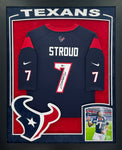 Houston Texans C.J. Stroud Hand Signed Autographed Authentic Nike Navy Jersey Framed with Suede Matting, XL 3D Logo, & Cutout Lettering Includes Beckett COA