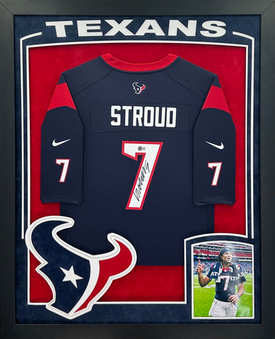 Houston Texans C.J. Stroud Hand Signed Autographed Authentic Nike Navy Jersey Framed with Suede Matting, XL 3D Logo, & Cutout Lettering Includes Beckett COA