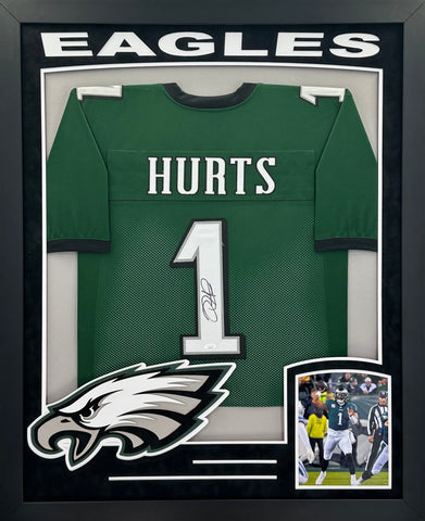 Philadelphia Eagles Jalen Hurts Hand Signed Autographed Custom Green Jersey Framed with Suede Matting, XL 3D Logo, & Cutout Lettering Includes JSA COA