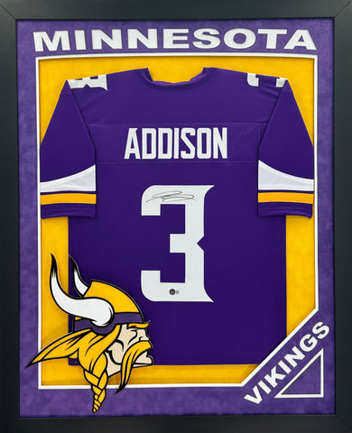 Minnesota Vikings Jordan Addison Hand Signed Autographed Custom Purple Jersey Framed with Suede Matting, XL 3D Logo, & Cutout Lettering Includes Beckett COA