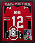 The Ohio State University Buckeyes Denzel Ward Hand Signed Autographed Custom Red Jersey Framed with Suede Matting, XL 3D Logo, & Cutout Lettering Includes JSA COA