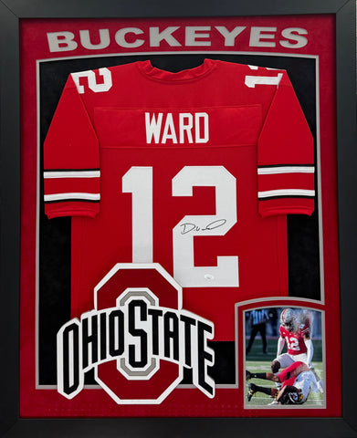 The Ohio State University Buckeyes Denzel Ward Hand Signed Autographed Custom Red Jersey Framed with Suede Matting, XL 3D Logo, & Cutout Lettering Includes JSA COA
