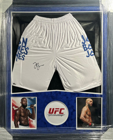 Jon "Bones" Jones Hand Signed Autographed UFC MMA White Trunks Framed with Suede Matting Includes Beckett COA
