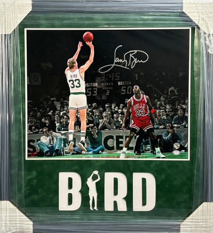Boston Celtics Larry Bird Hand Signed Autographed 16x20 Photo Framed with Suede Matting & Cutout Lettering Includes PSA COA