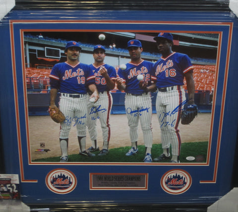New York Mets 1986 World Series Champions Bobby Ojeda, Sid Fernandez, Ron Darling & Dwight Gooden Hand Signed Autographed 16x20 Photo with 4 Inscriptions Framed with Matting Includes JSA COA
