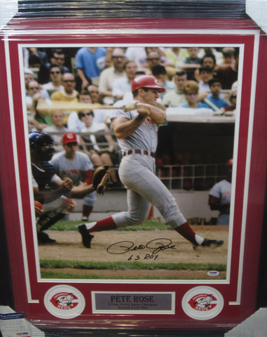 Cincinnati Reds Pete Rose Hand Signed Autographed 16x20 Photo with 63 ROY Inscription Framed with Matting Includes with PSA COA