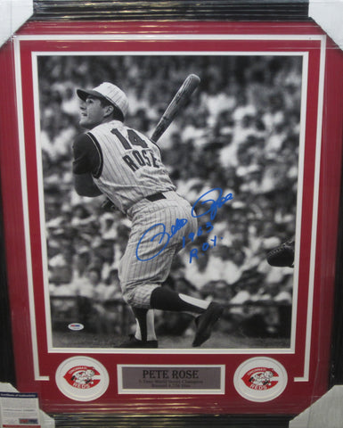 Cincinnati Reds Pete Rose Hand Signed Autographed 16x20 Photo with 1963 R.O.Y. Inscription Framed with Matting Includes PSA COA