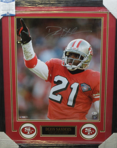 San Francisco 49ers Deion Sanders Hand Signed Autographed 16x20 Photo Framed with Matting Includes Beckett Witnessed COA