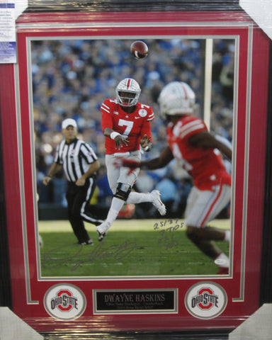 The Ohio State University Buckeyes Dwayne Haskins Hand Signed Autographed 16x20 Photo with 25/37, 3 TDS, and 251 YDS Inscriptions Framed with Matting Includes JSA COA
