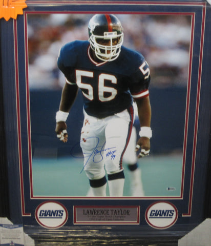 New York Giants Lawrence Taylor Hand Signed Autographed 16x20 Photo with HOF 99 Inscription Framed with Matting Includes Beckett Witnessed COA