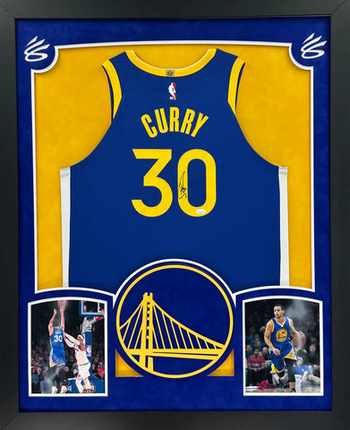 Golden State Warriors Stephen Curry Hand Signed Autographed Authentic Blue Jersey Framed with Suede Matting & XL 3D Logo Includes JSA COA