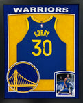 Golden State Warriors Stephen Curry Hand Signed Autographed Authentic Blue Jersey Framed with Suede Matting, XL 3D Logo, & Cutout Lettering Includes JSA COA