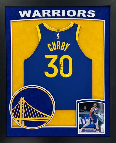 Golden State Warriors Stephen Curry Hand Signed Autographed Authentic Blue Jersey Framed with Suede Matting, XL 3D Logo, & Cutout Lettering Includes JSA COA