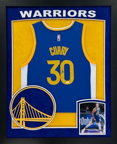 Golden State Warriors Stephen Curry Hand Signed Autographed Authentic Blue Jersey Framed with Suede Matting, XL 3D Logo, & Cutout Lettering Includes JSA COA