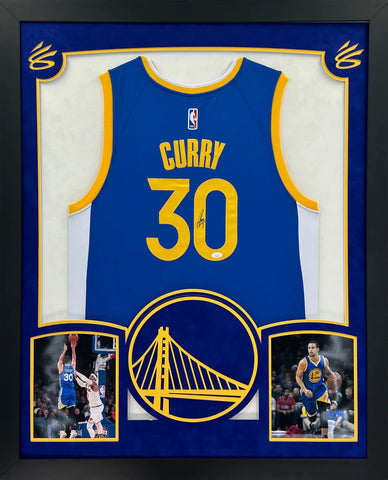 Golden State Warriors Stephen Curry Hand Signed Autographed Authentic Blue Jersey Framed with Suede Matting & XL 3D Logo Includes JSA COA