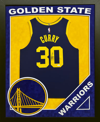 Golden State Warriors Stephen Curry Hand Signed Autographed Authentic Blue Jersey Framed with Suede Matting, XL 3D Logo, & Cutout Lettering Includes JSA COA