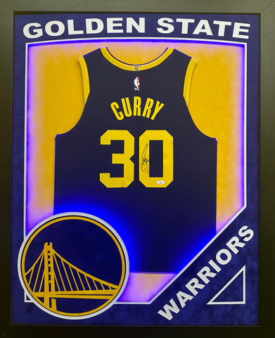 Golden State Warriors Stephen Curry Hand Signed Autographed Authentic Blue Jersey Framed with Suede Matting, LED Lighting, XL 3D Logo, & Cutout Lettering Includes JSA COA
