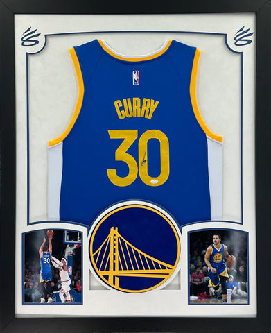 Golden State Warriors Stephen Curry Hand Signed Autographed Authentic Blue Jersey Framed with Suede Matting & XL 3D Logo Includes JSA COA