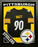 Pittsburgh Steelers T.J. Watt Hand Signed Autographed Black Jersey Framed with Suede Matting, XL 3D Logo, & Cutout Lettering Includes JSA COA