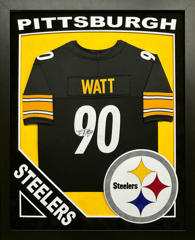 Pittsburgh Steelers T.J. Watt Hand Signed Autographed Black Jersey Framed with Suede Matting, XL 3D Logo, & Cutout Lettering Includes JSA COA