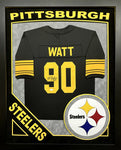 Pittsburgh Steelers T.J. Watt Hand Signed Autographed Black Jersey Framed with Suede Matting, XL 3D Logo, & Cutout Lettering Includes JSA COA