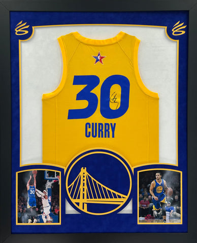 Golden State Warriors Stephen Curry Hand Signed Autographed Yellow Jersey Framed with Suede Matting & XL 3D Logo Includes PSA COA