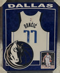 Dallas Mavericks Luka Doncic Hand Signed Autographed Authentic White Jersey Framed with Suede Matting, XL 3D Logo, & Cutout Lettering Includes Fanatics Authentic COA