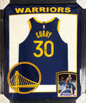 Golden State Warriors Stephen Curry Hand Signed Autographed Authentic Blue Jersey Framed with Suede Matting, XL 3D Logo, & Cutout Lettering Includes JSA COA