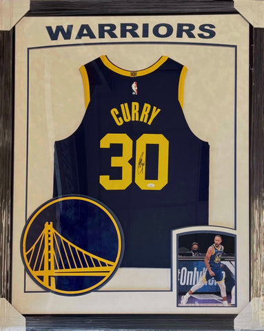 Golden State Warriors Stephen Curry Hand Signed Autographed Authentic Blue Jersey Framed with Suede Matting, XL 3D Logo, & Cutout Lettering Includes JSA COA