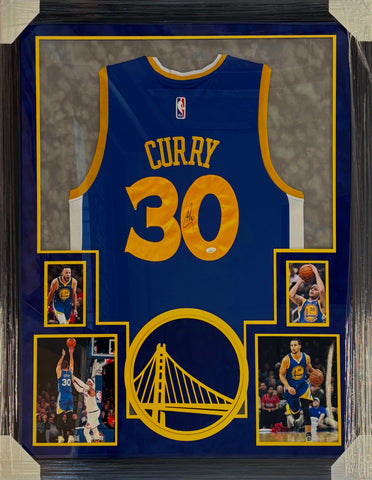 Golden State Warriors Stephen Curry Hand Signed Autographed Authentic Blue Jersey Framed with Suede Matting & XL 3D Logo Includes JSA COA