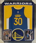 Golden State Warriors Stephen Curry Hand Signed Autographed Authentic Blue Jersey Framed with Suede Matting, XL 3D Logo, & Cutout Lettering Includes JSA COA