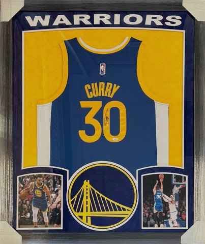 Golden State Warriors Stephen Curry Hand Signed Autographed Authentic Blue Jersey Framed with Suede Matting, XL 3D Logo, & Cutout Lettering Includes JSA COA