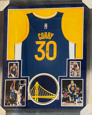 Golden State Warriors Stephen Curry Hand Signed Autographed Authentic Blue Jersey Framed with Suede Matting & XL 3D Logo Includes JSA COA