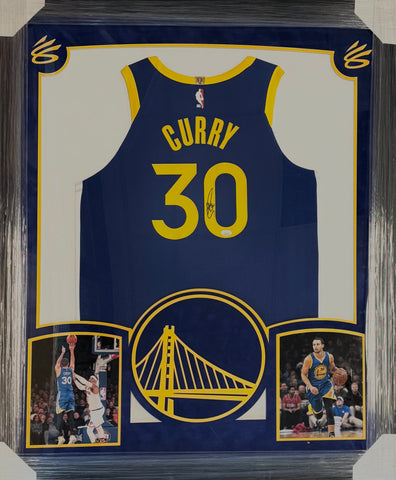 Golden State Warriors Stephen Curry Hand Signed Autographed Authentic Blue Jersey Framed with Suede Matting & XL 3D Logo Includes JSA COA