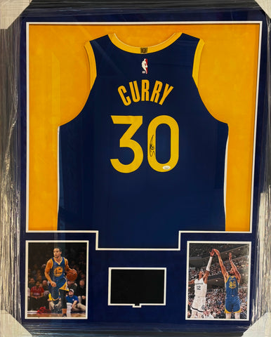 Golden State Warriors Stephen Curry Hand Signed Autographed Authentic Blue Jersey Framed with Suede Matting, LED Lighting, & Video Highlights Includes JSA COA