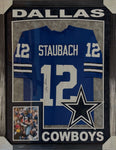 Dallas Cowboys Roger Staubach Hand Signed Autographed Jersey Framed with Suede Matting, XL 3D Logo, & Cutout Lettering Includes JSA COA