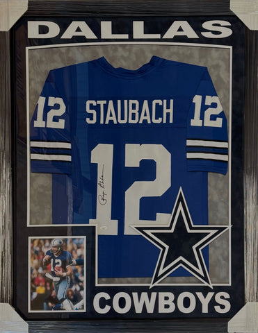 Dallas Cowboys Roger Staubach Hand Signed Autographed Jersey Framed with Suede Matting, XL 3D Logo, & Cutout Lettering Includes JSA COA