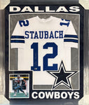 Dallas Cowboys Roger Staubach Hand Signed Autographed Jersey Framed with Suede Matting, XL 3D Logo, & Cutout Lettering Includes Beckett COA