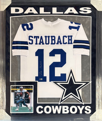 Dallas Cowboys Roger Staubach Hand Signed Autographed Jersey Framed with Suede Matting, XL 3D Logo, & Cutout Lettering Includes Beckett COA