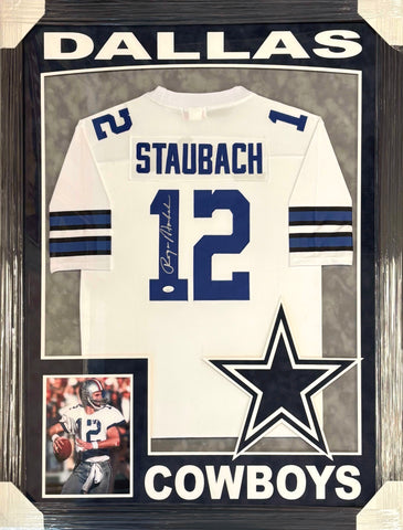 Dallas Cowboys Roger Staubach Hand Signed Autographed Jersey Framed with Suede Matting, XL 3D Logo, & Cutout Lettering Includes JSA COA